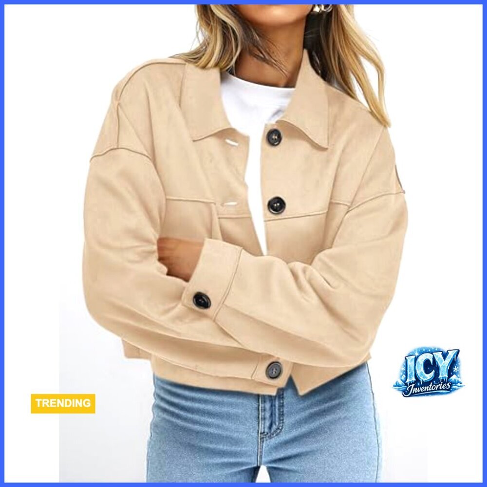 Faux Suede Cropped Jacket Lightweight Casual Fall Winter Outerwear - Picture 3 of 7